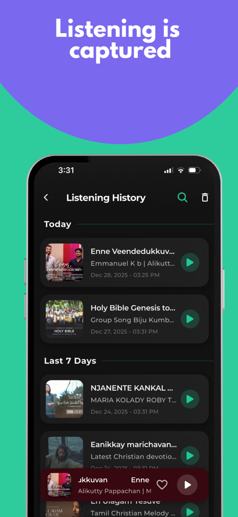 GloryfyMusic: Praise & Worship - Una captura de pantalla de la interfaz de la aplicación GloryfyMusic que muestra el historial de escucha de canciones de adoración cristianas con un tema oscuro.