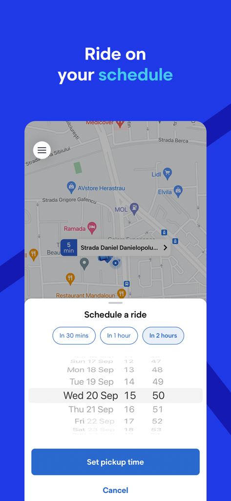 Blue Rumänien App-Oberfläche zur Planung einer Fahrt mit einer Zeitauswahl