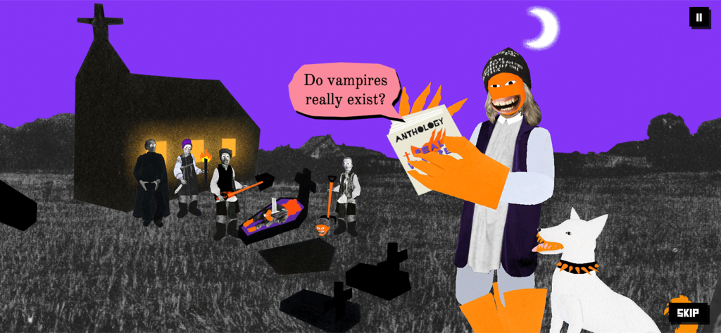 Real Vampires - A surreal 2.5D collage scene from the game Real Vampires showing a character reading a book in a graveyard under a purple sky.