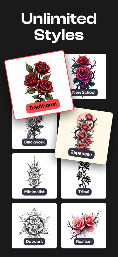 Tattooist: AI Tattoo Generator - Diseños de tatuajes generados por IA en diferentes estilos como tradicional, minimalista y realismo