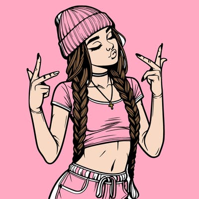 realistic teenage girl with braids and a beanie and crop top doing 🫶🏼