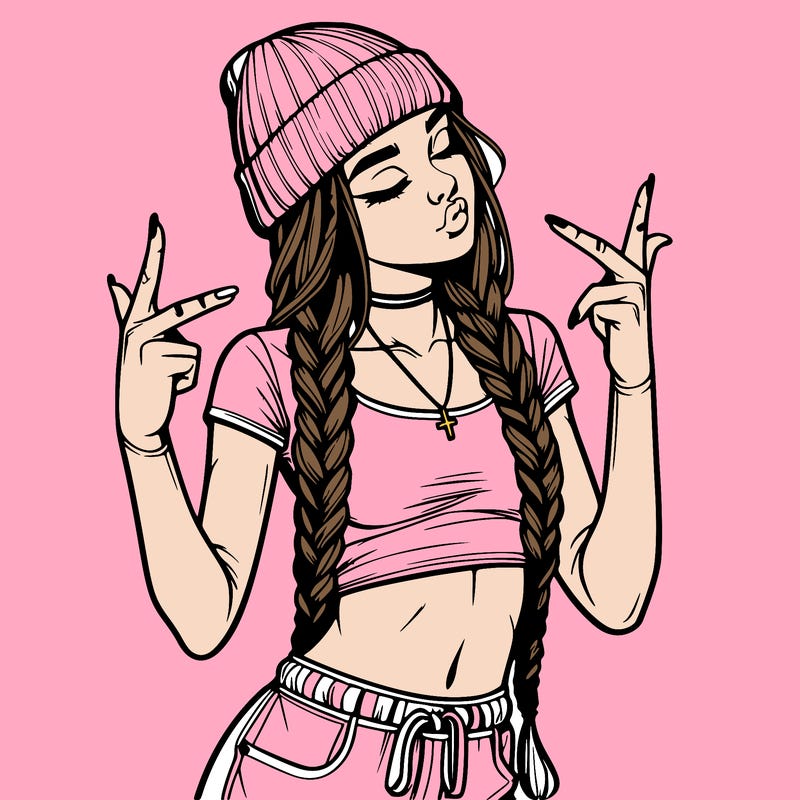 realistic teenage girl with braids and a beanie and crop top doing 🫶🏼