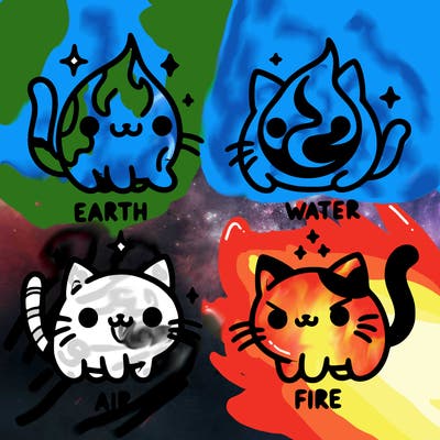4 cats that represent the different elements, earth, water, air, and fire
