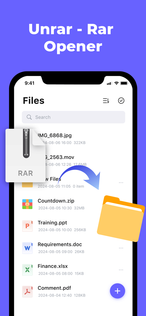 Unzip - Zip Files Extractor - Unrar app interface showing a list of files and a RAR file being extracted into a folder.
