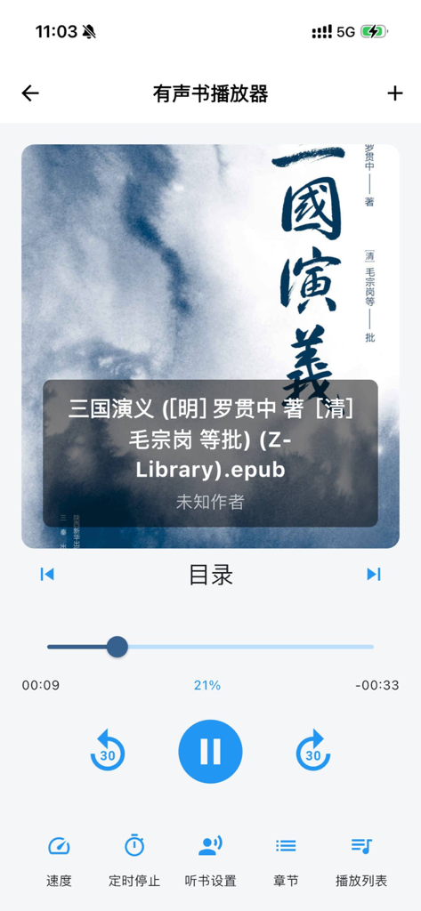 AudioTome - AudioTome App-Wiedergabebildschirm mit Hörbuchsteuerung und Fortschrittsbalken.