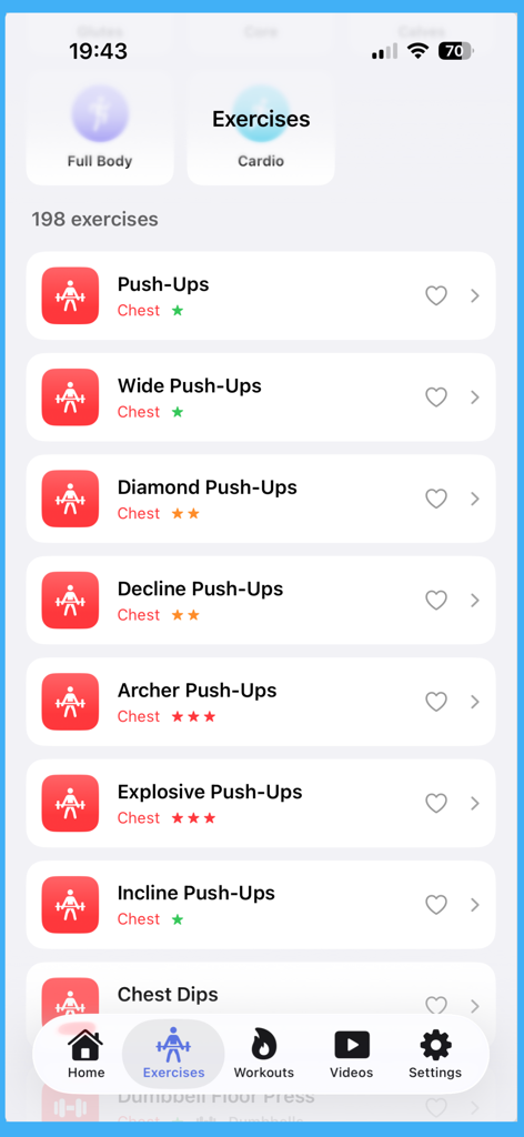 Workouts Rush - List of chest exercises and push up variations in the Workouts Rush mobile app