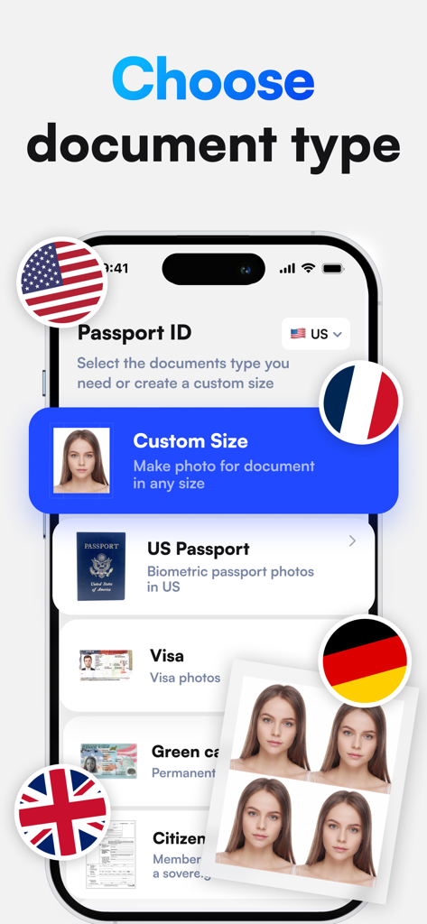 Passport Photo: ID Maker - 米国のパスポート、ビザ、グリーンカードの写真のドキュメントタイプ選択を示すスマートフォンの画面（国際的な国旗アイコン付き）