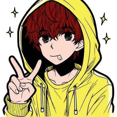 teenage manga boy in a hoodie, doing ✌