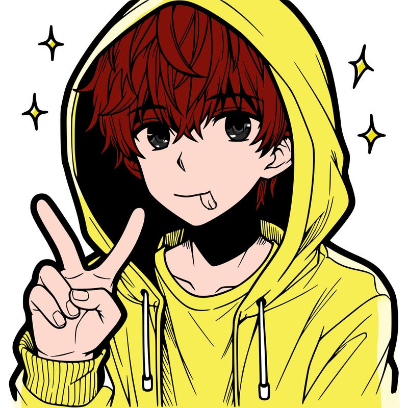 teenage manga boy in a hoodie, doing ✌