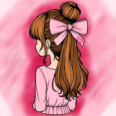 realistic girl  with hip length hair a bun and a big bow on the back of head