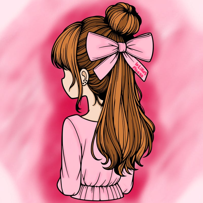 realistic girl  with hip length hair a bun and a big bow on the back of head