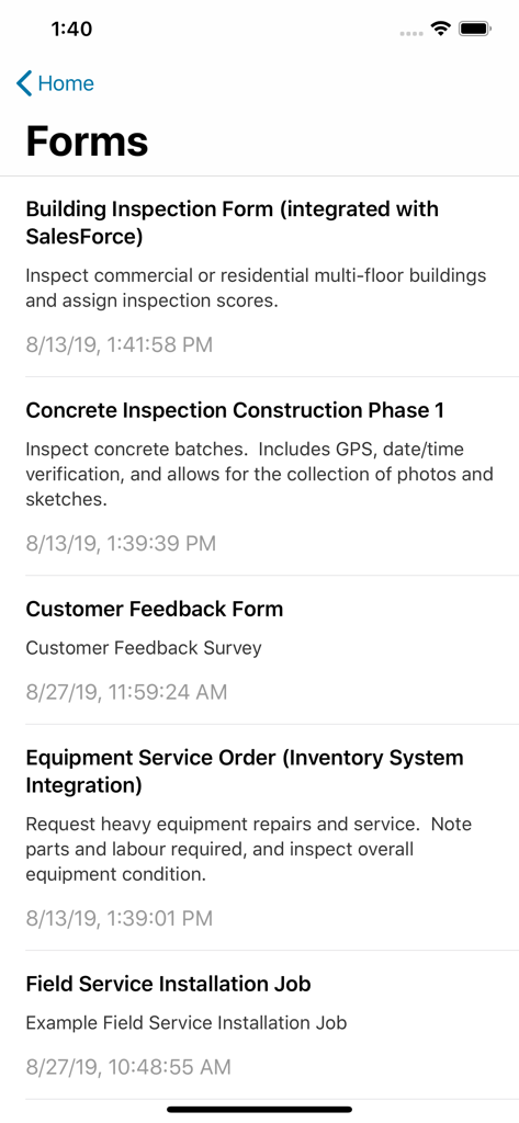TrueContext - List of digital business forms on the TrueContext mobile app including building and construction inspections