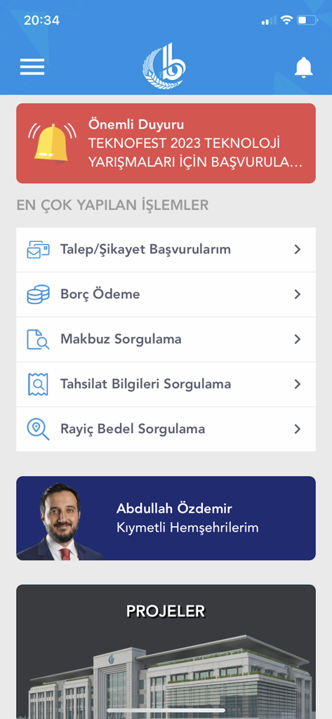 Bağcılar Belediyesi Mobil - Tela inicial do aplicativo móvel do Município de Bagcilar mostrando vários serviços governamentais