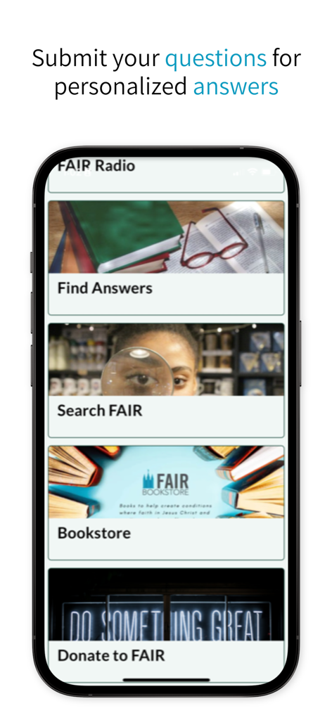 Faithful Answers - Una pantalla de teléfono móvil que muestra el menú principal de la aplicación Faithful Answers con opciones para encontrar respuestas, buscar y donar.