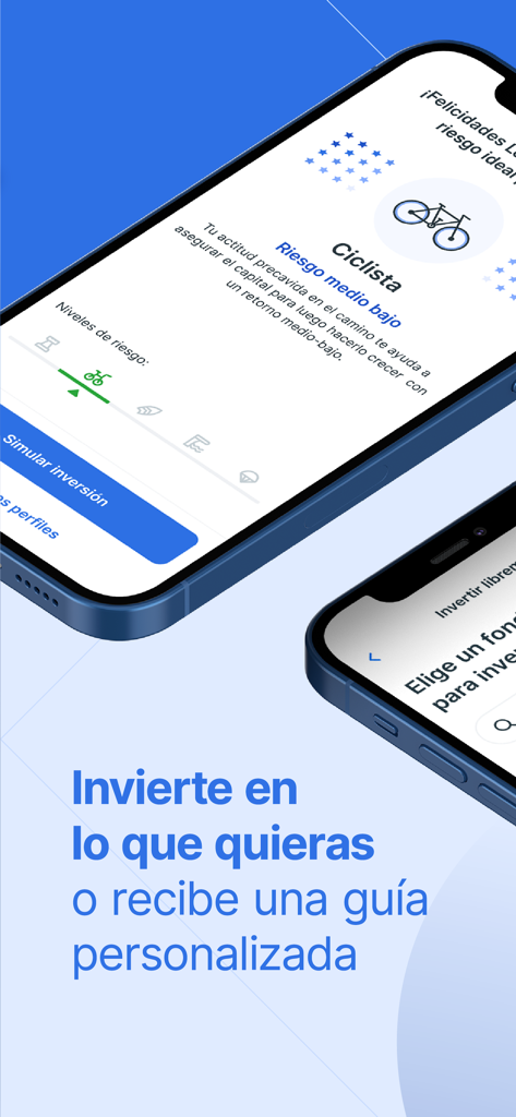 Interface de l’application tyba affichant un profil d’investissement à risque moyen-faible appelé Ciclista avec des conseils personnalisés