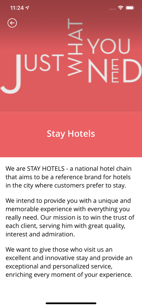 STAY HOTELS - Pantalla de la aplicación Stay Hotels que muestra la declaración de misión de la marca y el lema Just What You Need.
