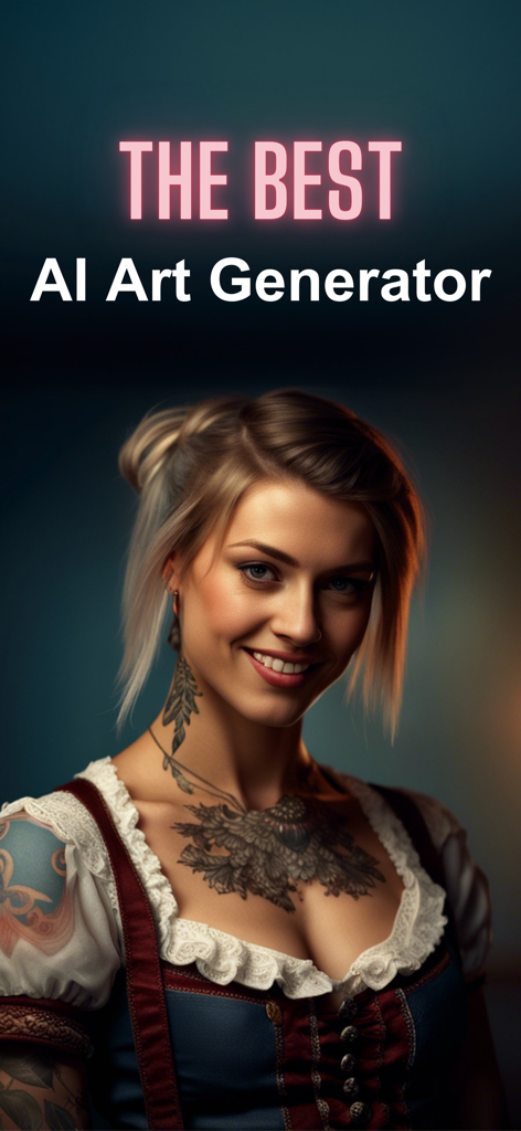AI Image Generator + Editor - AI生成の笑顔の女性のポートレート、タトゥー入り。