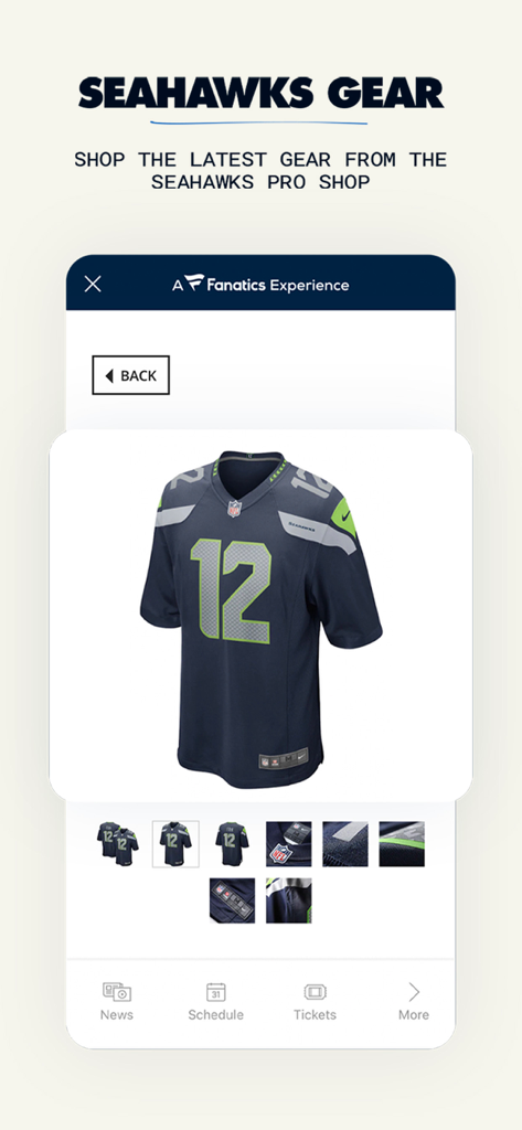 Seattle Seahawks app pro shop page featuring a blue jersey with number 12