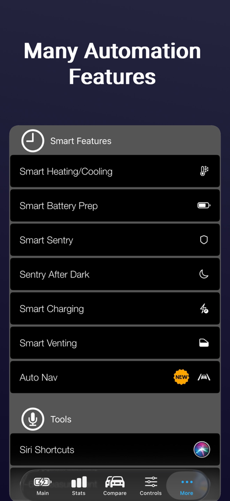 Stats -- For your Tesla - A list of smart automation features in the Stats for Tesla app showing smart battery prep and charging settings.