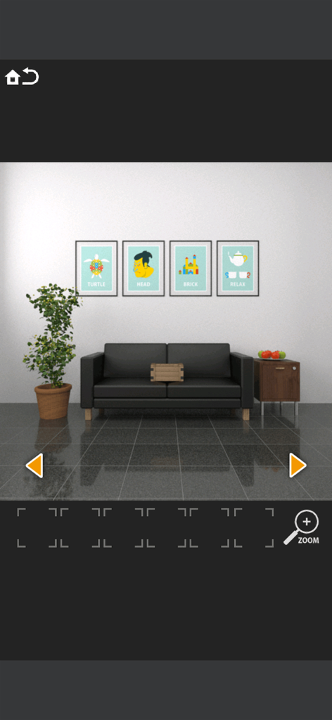 A black leather sofa and four framed puzzle clues on a wall in a room escape game