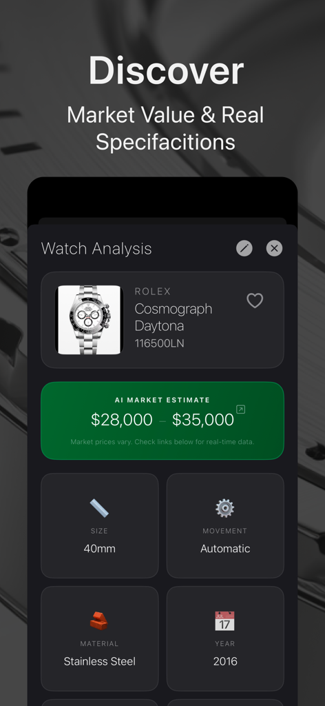 WatchLens: Watch Identifier - WatchLens app screen showing the AI market estimate and technical specifications for a Rolex Cosmograph Daytona watch.