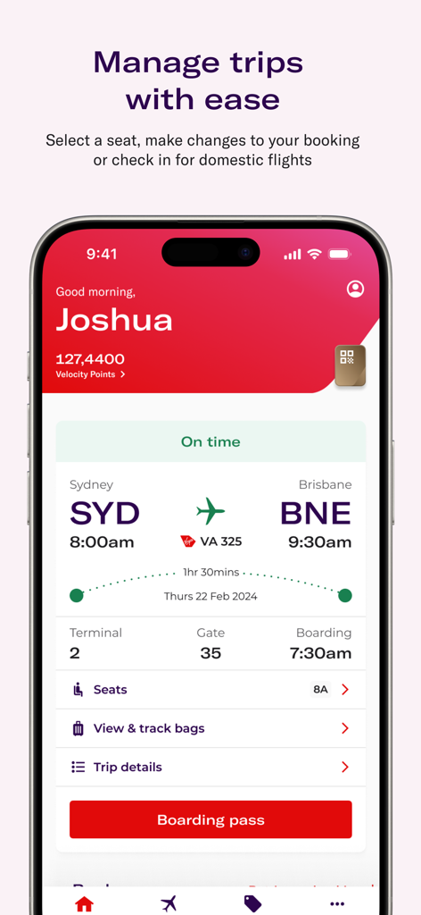 シドニーからブリスベンへのフライト詳細と赤い搭乗券ボタンが表示された、ヴァージン・オーストラリアのモバイルアプリ画面。