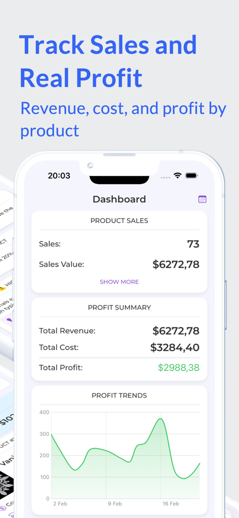 Craft Pricing: Cost & Profit - 売上収益と利益の概要チャートが表示されるCraft Pricingアプリのダッシュボード