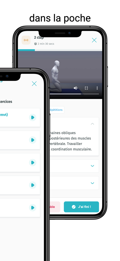 Recov'up - Duas telas de smartphone exibindo a lista de exercícios do aplicativo Recov up e uma sessão de vídeo de reabilitação 3D guiada.