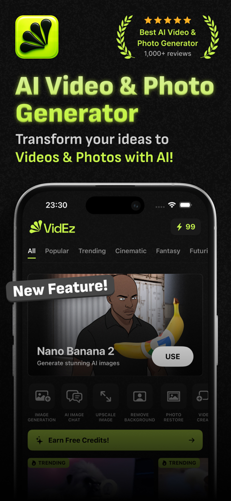 AI Video Generator: Videz - The home screen of the Videz AI Video Generator app, highlighting AI video and photo creation tools.