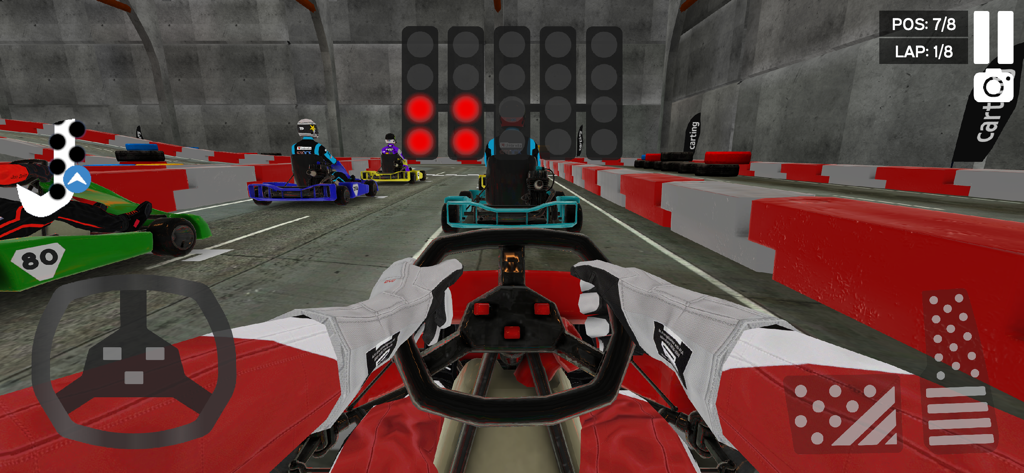 Real Go-Kart Racing Game Sim - Vue de cockpit à la première personne d'un kart sur la grille de départ au début d'une course.