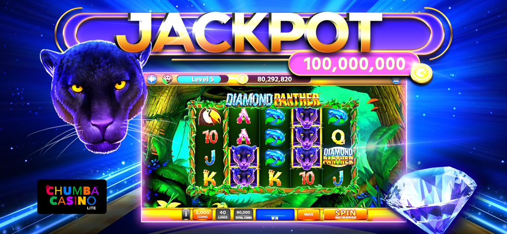 Chumba Lite – Casino games - Screenshot of the Diamond Panther slot game in Chumba Lite showing a huge 100 million jackpot.