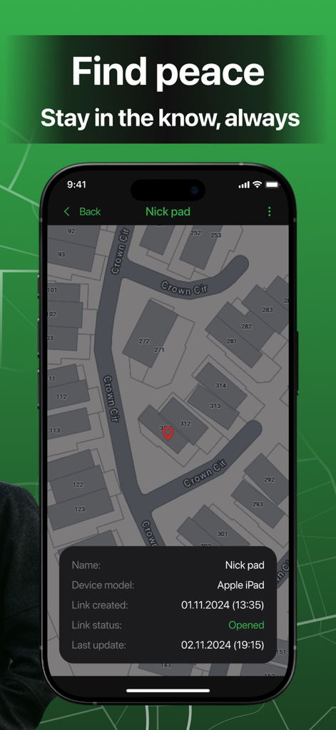 Family GPS Phone Location Life - Mobile app screen showing a real time GPS location on a detailed street map with device status information