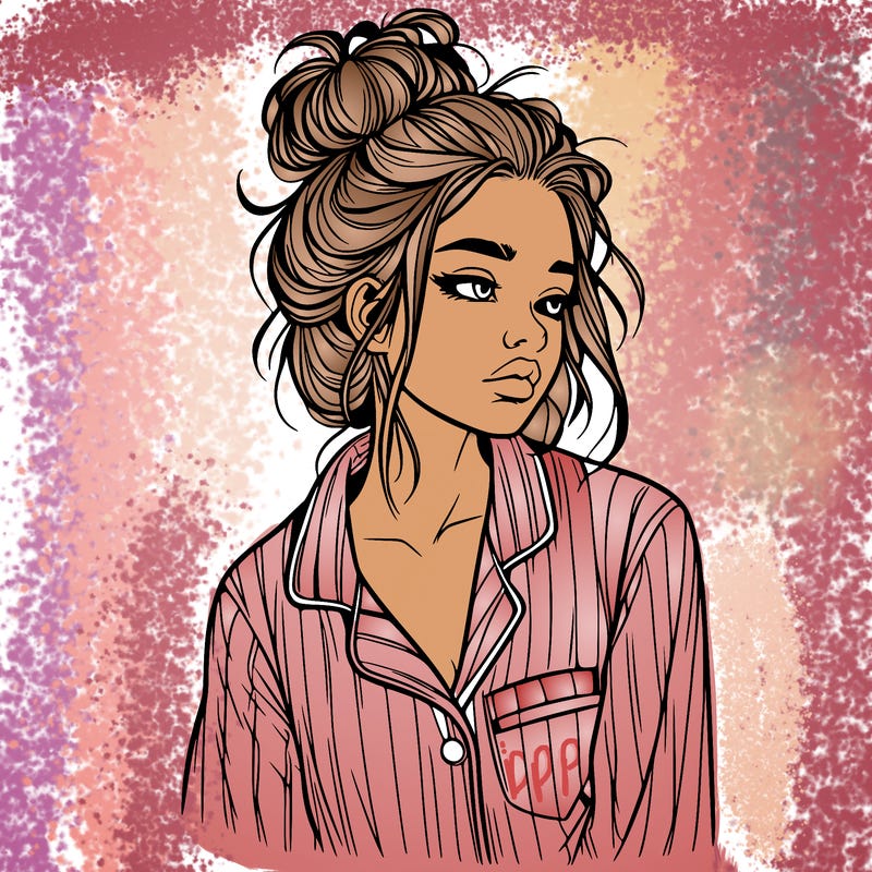 realistic woman with pajamas on and a messy bun