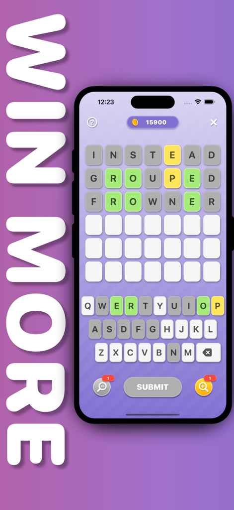 Word Puzzle: No Ads, No Wifi! - A smartphone screen showing a seven letter word puzzle with green and yellow letter tiles