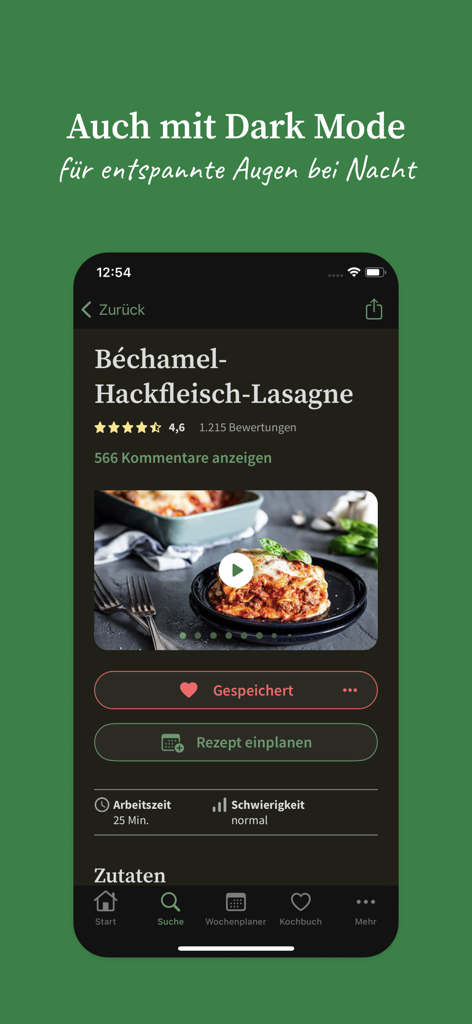 Chefkoch – Rezepte & Kochen - Interface de l'application mobile Chefkoch montrant une recette de lasagnes en mode sombre