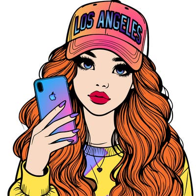 realistic beautiful girl wearing los ángeles cap holding an iphone