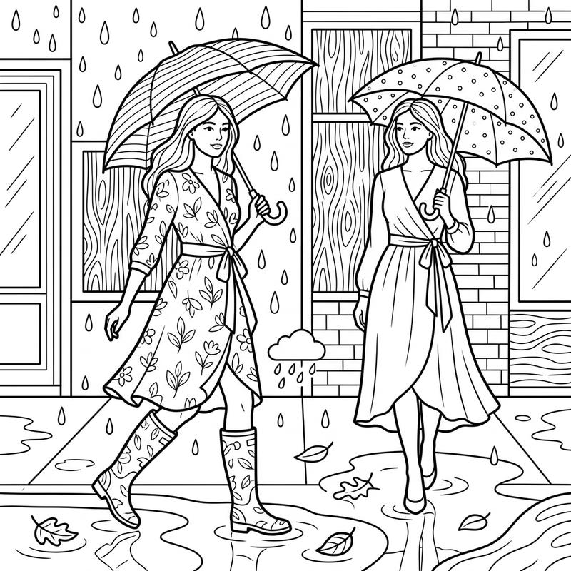 Step into a chic, rainy day scene with this delightful coloring page featuring elegant women in fashionable wrap dresses. Grab your favorite colors and add life to their stylish umbrellas, rain boots, and the shimmering puddles.