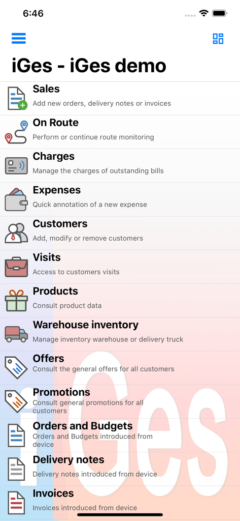 iGes - Sales management - Main menu of the iGes Sales Management app showing modules for sales, route monitoring, expenses, and inventory.