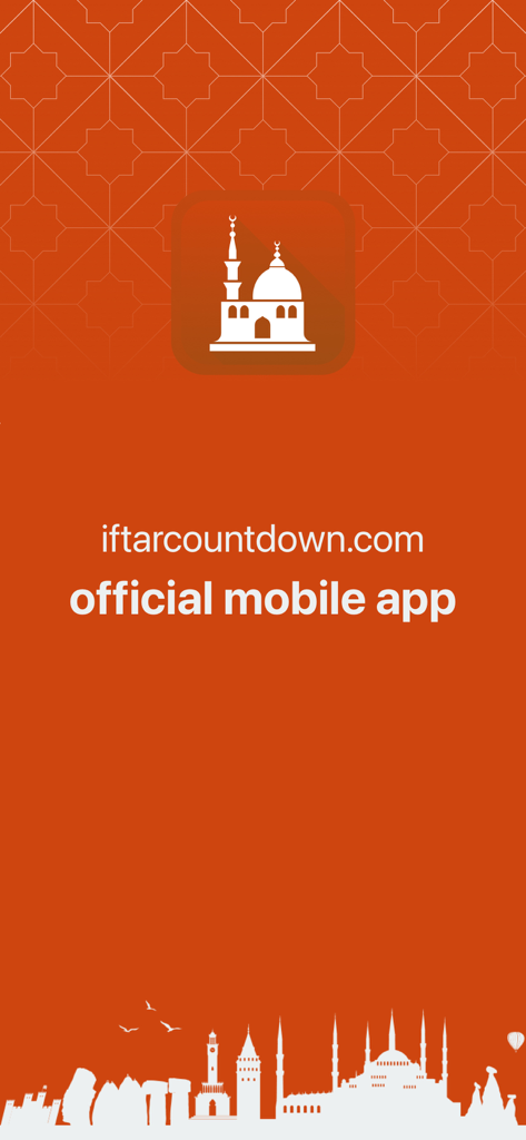 Iftar: Countdown Ramadan Table - Splash screen for the Iftar Countdown Ramadan mobile app featuring a mosque icon and city skyline silhouette.