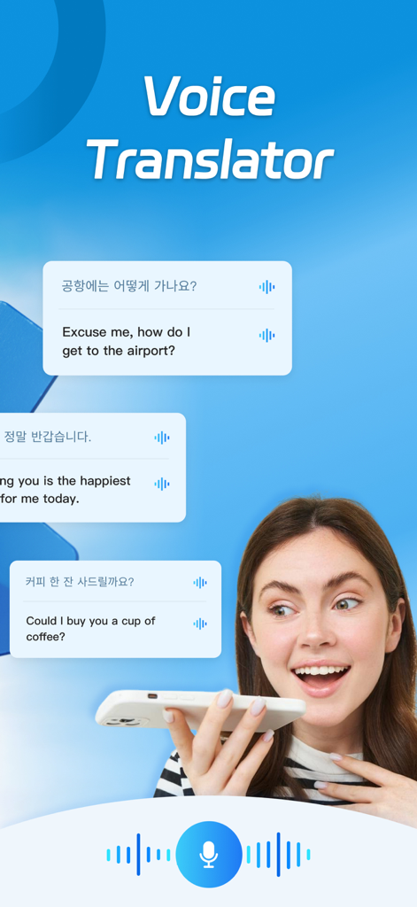 AI Translate - Translator - A woman using the AI Translate app for real-time voice translation between Korean and English