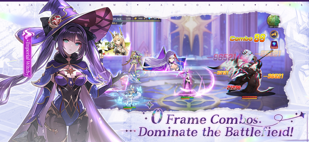 Imperial Witch anime character and battle combat scene in Grand Crown Pandoras Fate