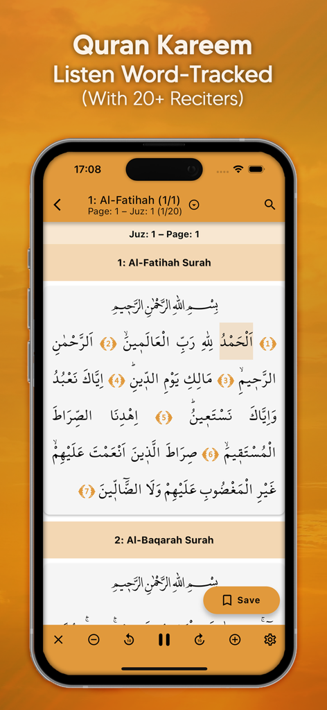 Quran and Tafsir ASR-I SAADET app interface showing word tracked recitation of the Holy Quran.
