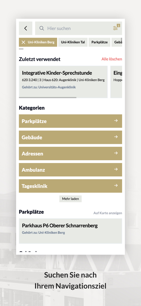 Navi@UKT - Navi at UKT病院ナビゲーションアプリの検索およびカテゴリ選択画面