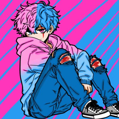 a male hoddie ripped jeans messy hair anime
