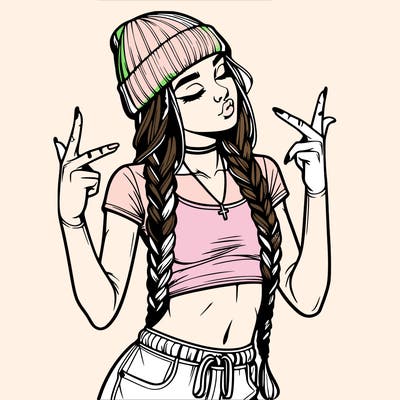 realistic teenage girl with braids and a beanie and crop top doing 🫶🏼