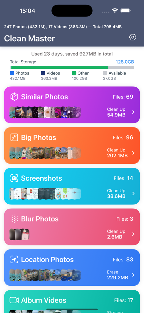 Clean Master - Manage Photos - Panel de la aplicación Clean Master que muestra categorías para limpiar fotos similares, fotos grandes y capturas de pantalla