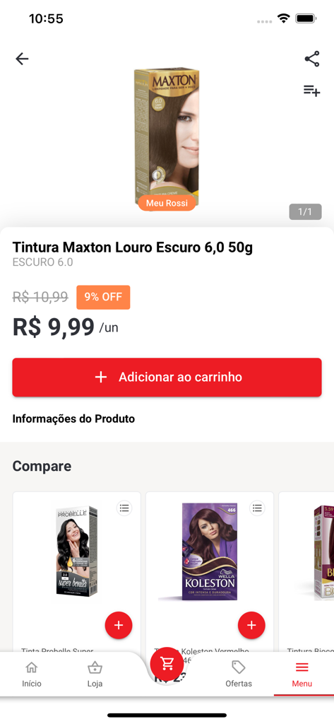 Rossi Delivery - Supermercado - Product page for Maxton hair dye on the Rossi Delivery mobile app with price and add to cart button