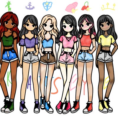 a group of girls wearing crop tops and shorts