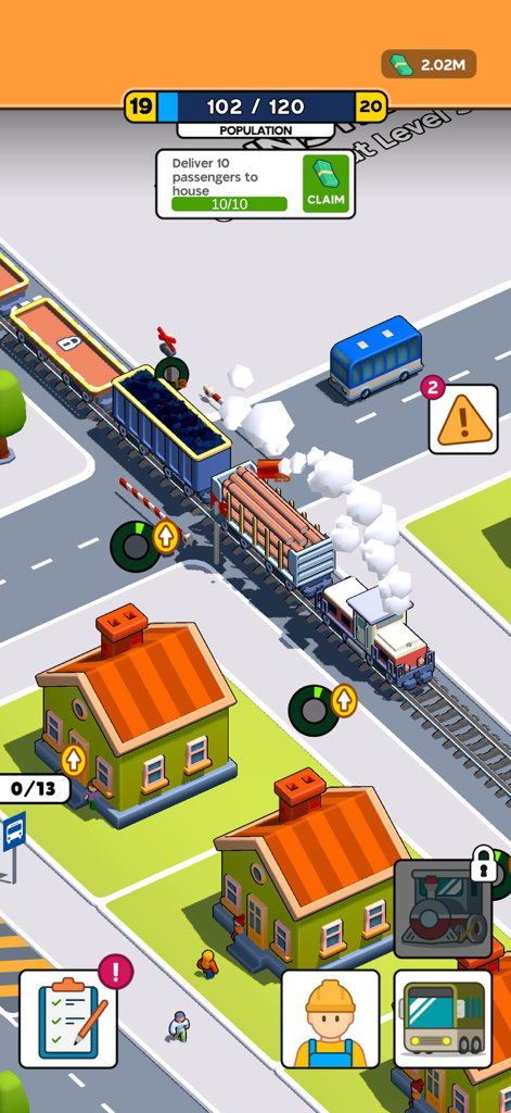 City Transportation Tycoon - Gameplay of City Transportation Tycoon showing a cargo train crossing a road near residential houses and a bus