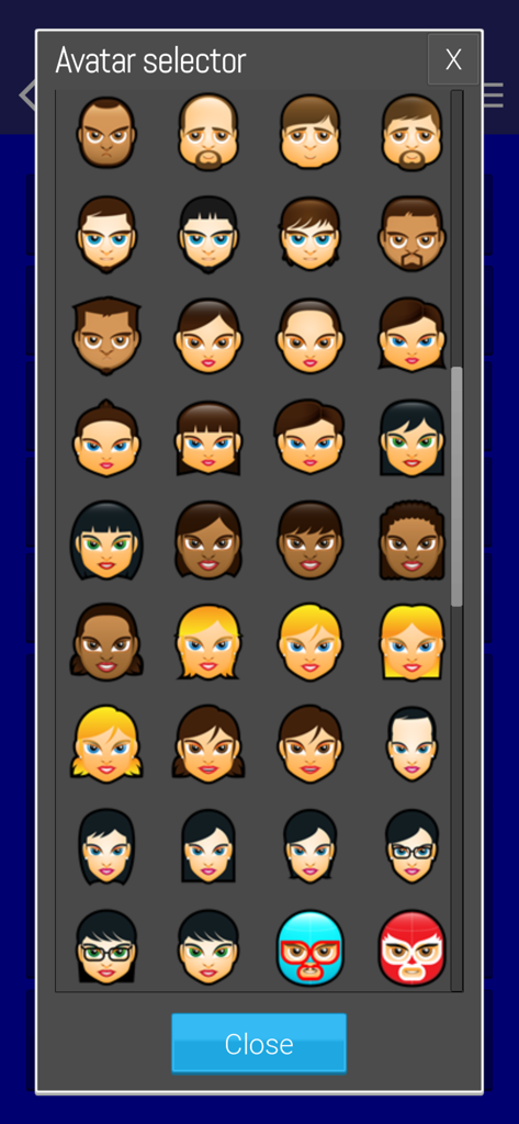 Chinchon cards - Pantalla de selección de avatar en la aplicación Chinchon cards con varios iconos de cabeza de personaje